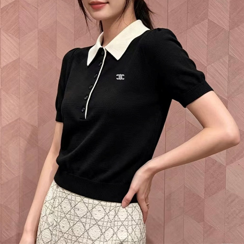 셀린느 컬러 블록 폴로 카라 메리노 울 반팔 니트티