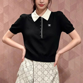 셀린느 컬러 블록 폴로 카라 메리노 울 반팔 니트티