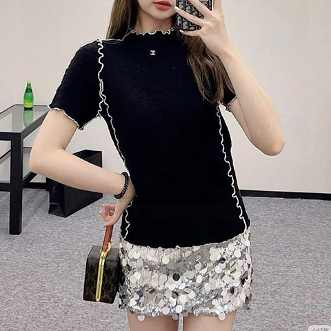 CH 자카드 로고 니트 반팔 티셔츠 블랙