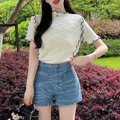 CH 자카드 로고 니트 반팔 티셔츠 화이트