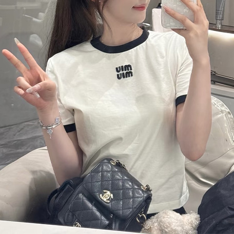 미우미우 아플리케 자수 배색 라인 코튼 반팔 티셔츠 화이트