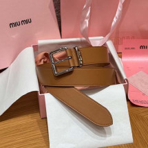 미우미우 레더 로고 버클 벨트 베이지 브라운 은장 3.5cm