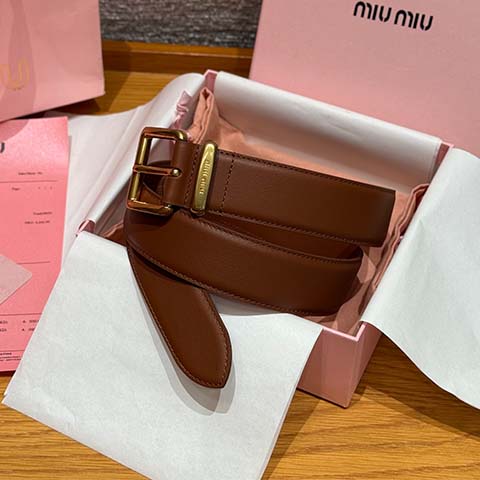 미우미우 레더 로고 버클 벨트 브라운 금장 3.5cm